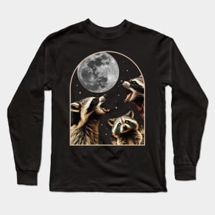 Three Racoons Howling At Moon - Funny Raccoon Cursed Meme Long Sleeve T-Shirt